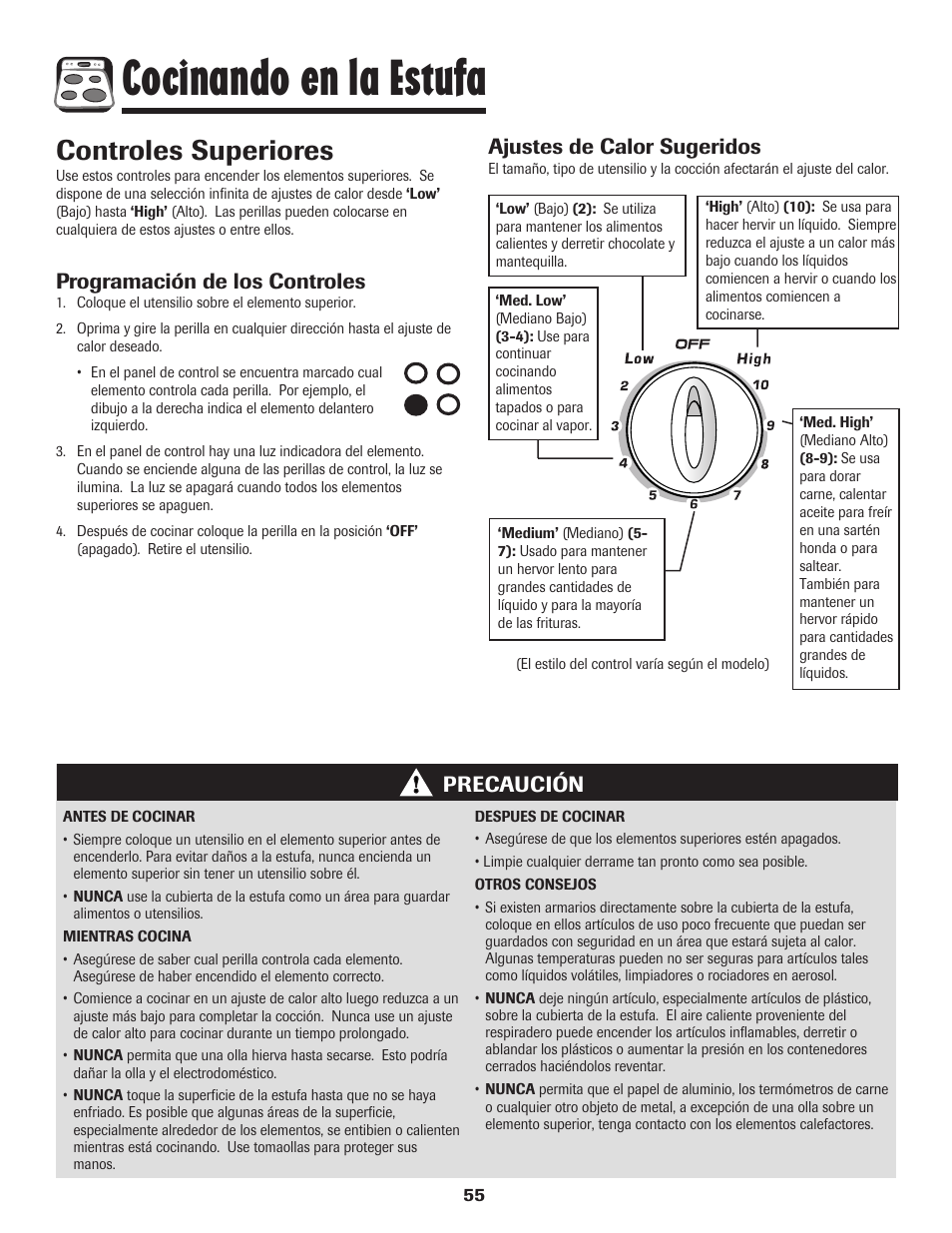 Cocinando en la estufa, Controles superiores, Programación de los controles | Precaución, Ajustes de calor sugeridos | Amana Coil User Manual | Page 56 / 76