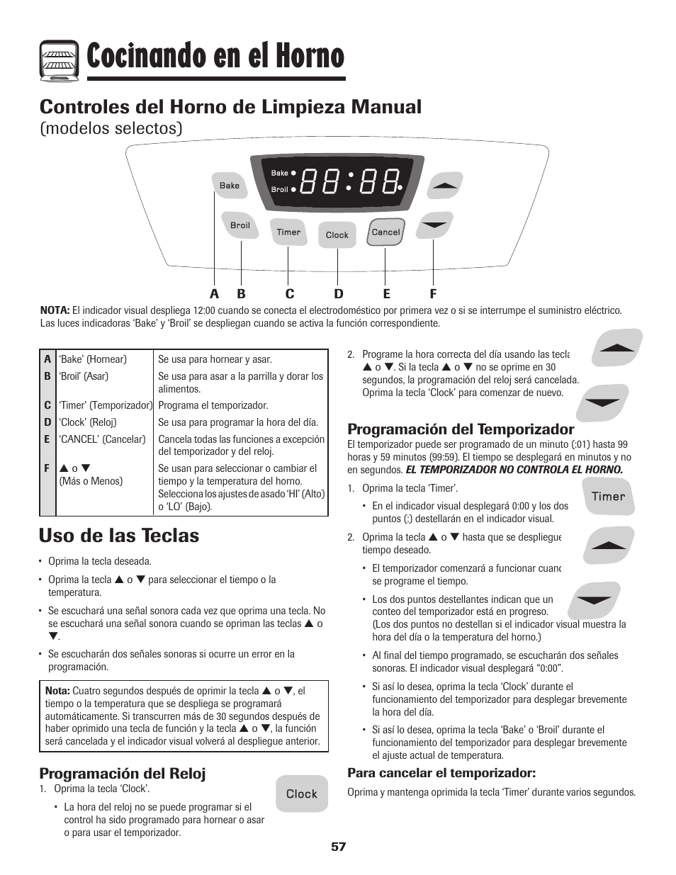 Cocinando en el horno, Controles del horno de limpieza manual, Uso de las teclas | Modelos selectos), Programación del reloj, Programación del temporizador | Amana Coil User Manual | Page 58 / 76