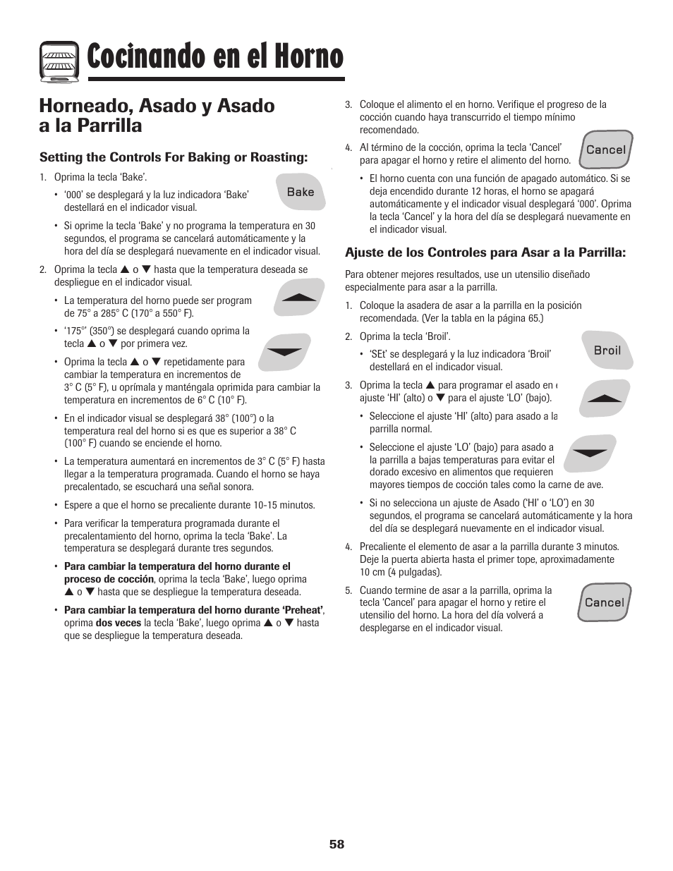 Cocinando en el horno, Horneado, asado y asado a la parrilla | Amana Coil User Manual | Page 59 / 76