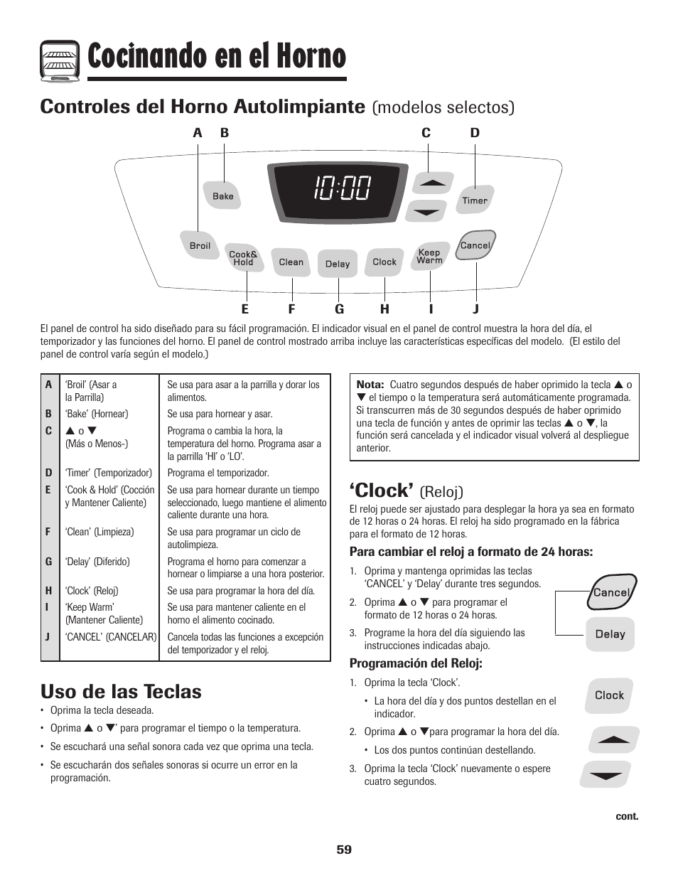 Cocinando en el horno, Controles del horno autolimpiante, Clock | Uso de las teclas, Modelos selectos), Reloj) | Amana Coil User Manual | Page 60 / 76