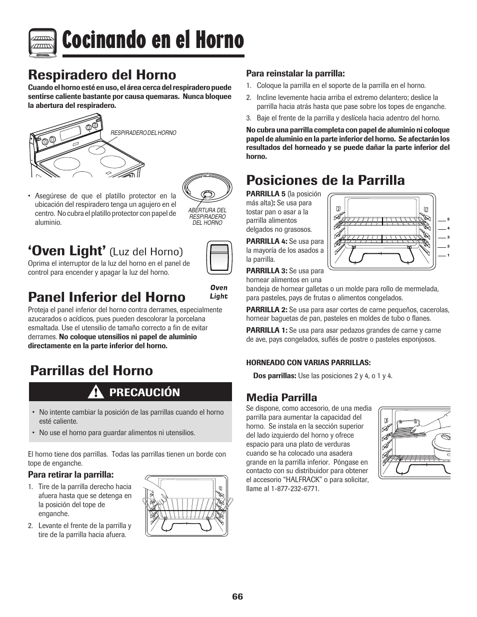Cocinando en el horno, Panel inferior del horno, Respiradero del horno | Oven light, Parrillas del horno, Posiciones de la parrilla | Amana Coil User Manual | Page 67 / 76