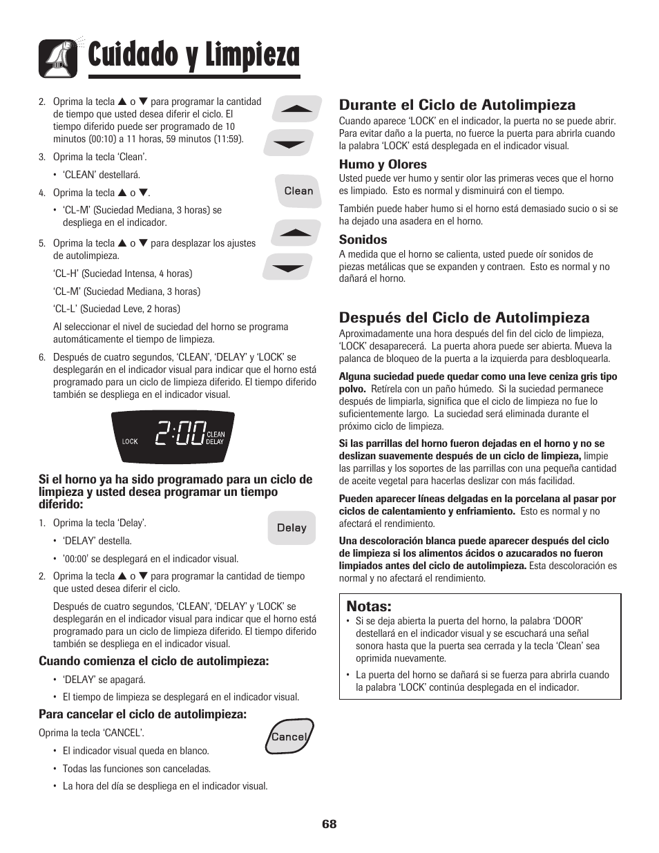 Cuidado y limpieza, Notas, Durante el ciclo de autolimpieza | Después del ciclo de autolimpieza | Amana Coil User Manual | Page 69 / 76
