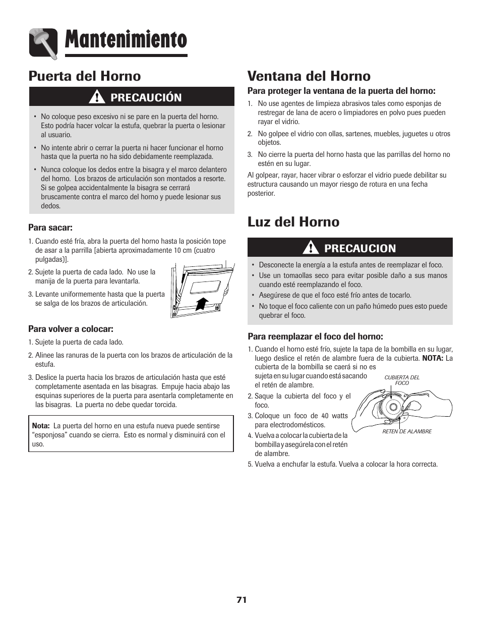 Mantenimiento, Puerta del horno, Ventana del horno | Luz del horno, Precaución, Precaucion | Amana Coil User Manual | Page 72 / 76