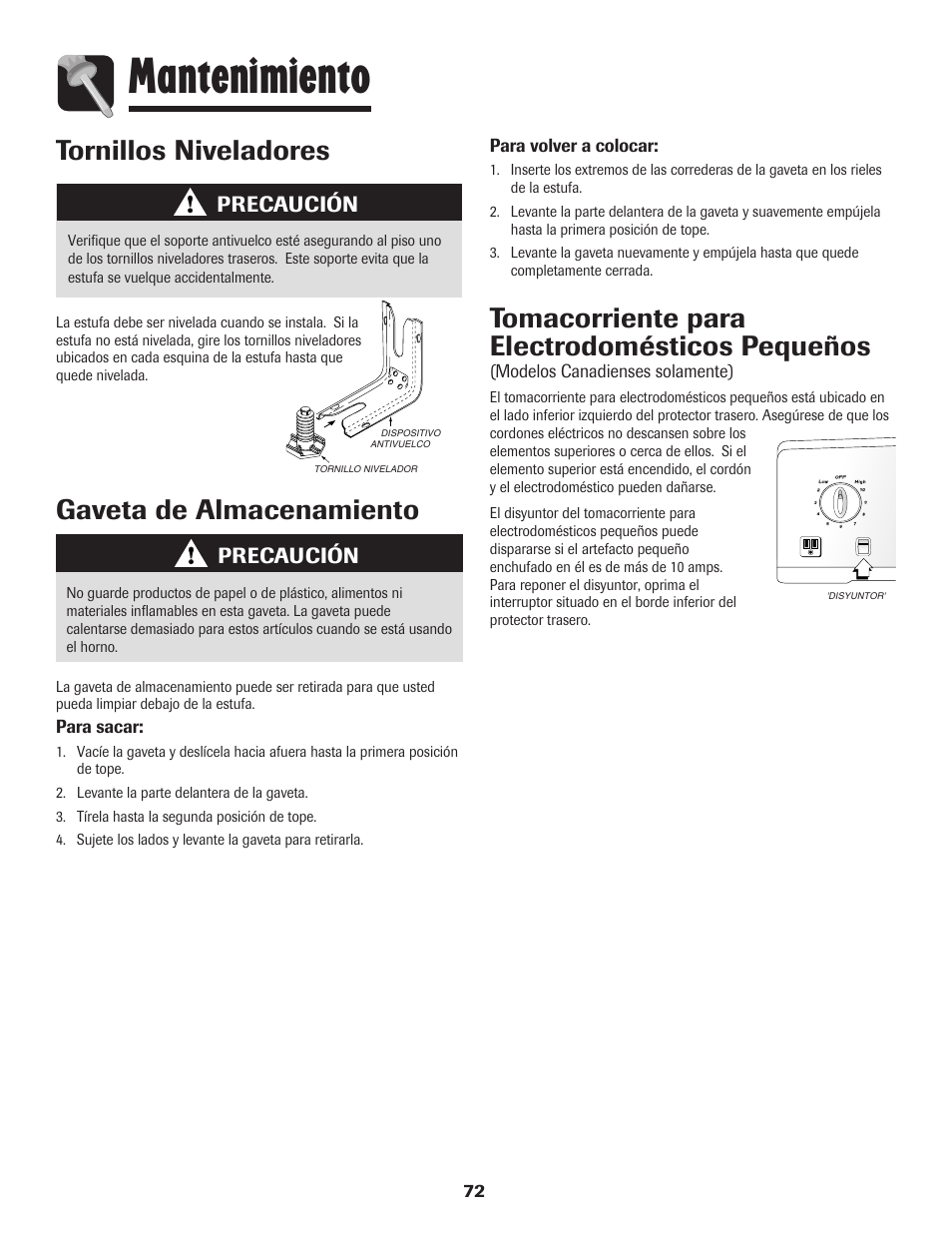 Mantenimiento, Gaveta de almacenamiento, Tomacorriente para electrodomésticos pequeños | Tornillos niveladores, Precaución | Amana Coil User Manual | Page 73 / 76