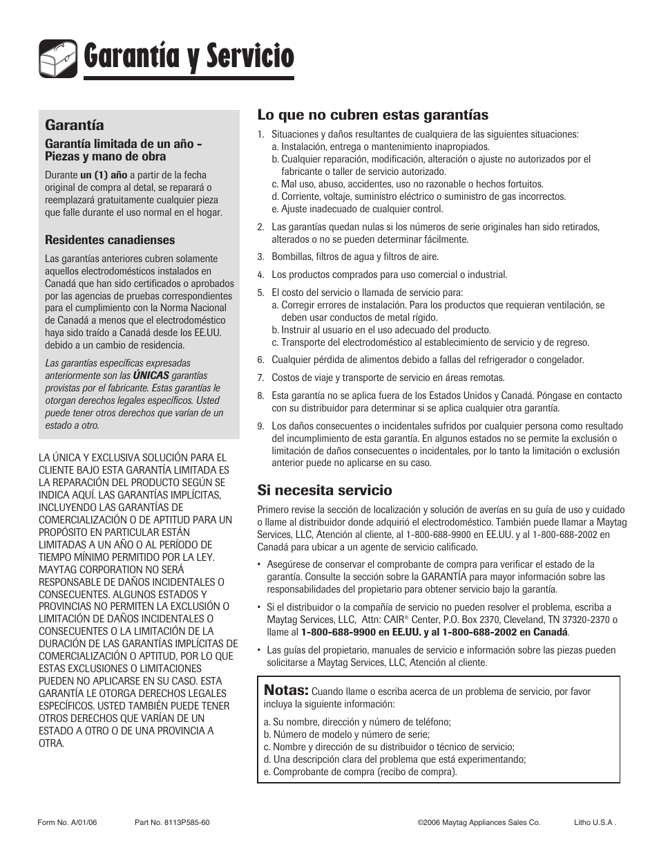 Garantía y servicio, Garantía, Lo que no cubren estas garantías | Si necesita servicio, Notas | Amana Coil User Manual | Page 76 / 76