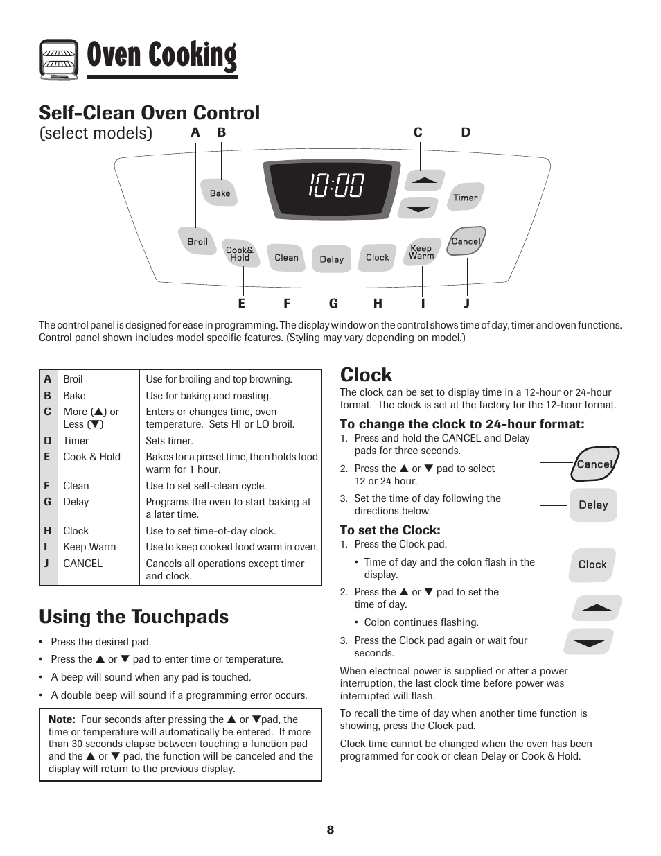 Oven cooking, Self-clean oven control, Using the touchpads | Clock, Select models) | Amana Coil User Manual | Page 9 / 76