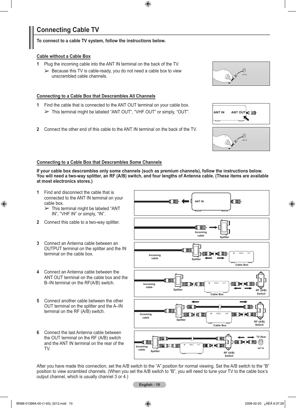 Connecting cable tv | Samsung PN42A450P1DXZA User Manual | Page 10 / 75