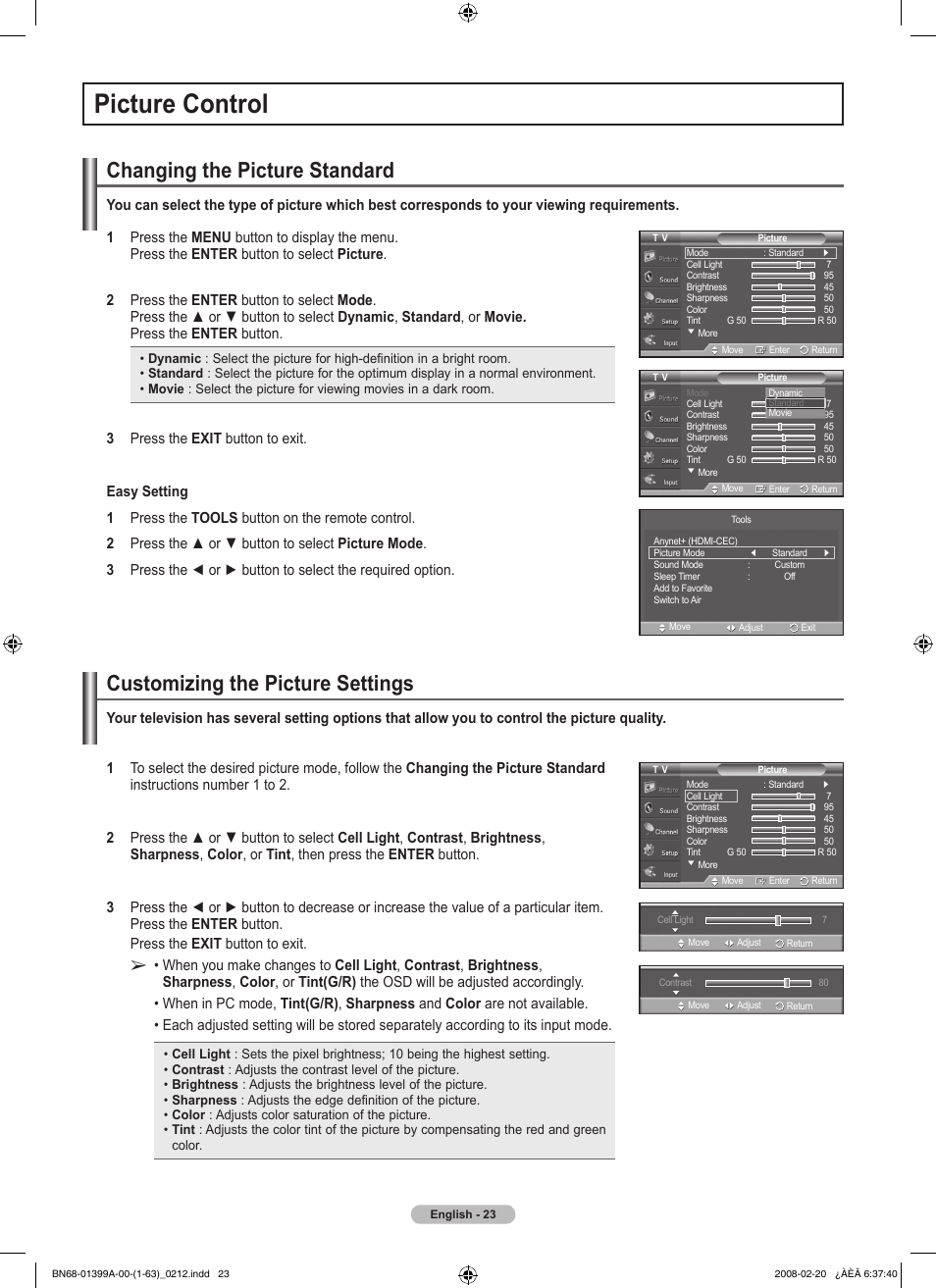 Picture control, Changing the picture standard, Customizing the picture settings | Samsung PN42A450P1DXZA User Manual | Page 23 / 75