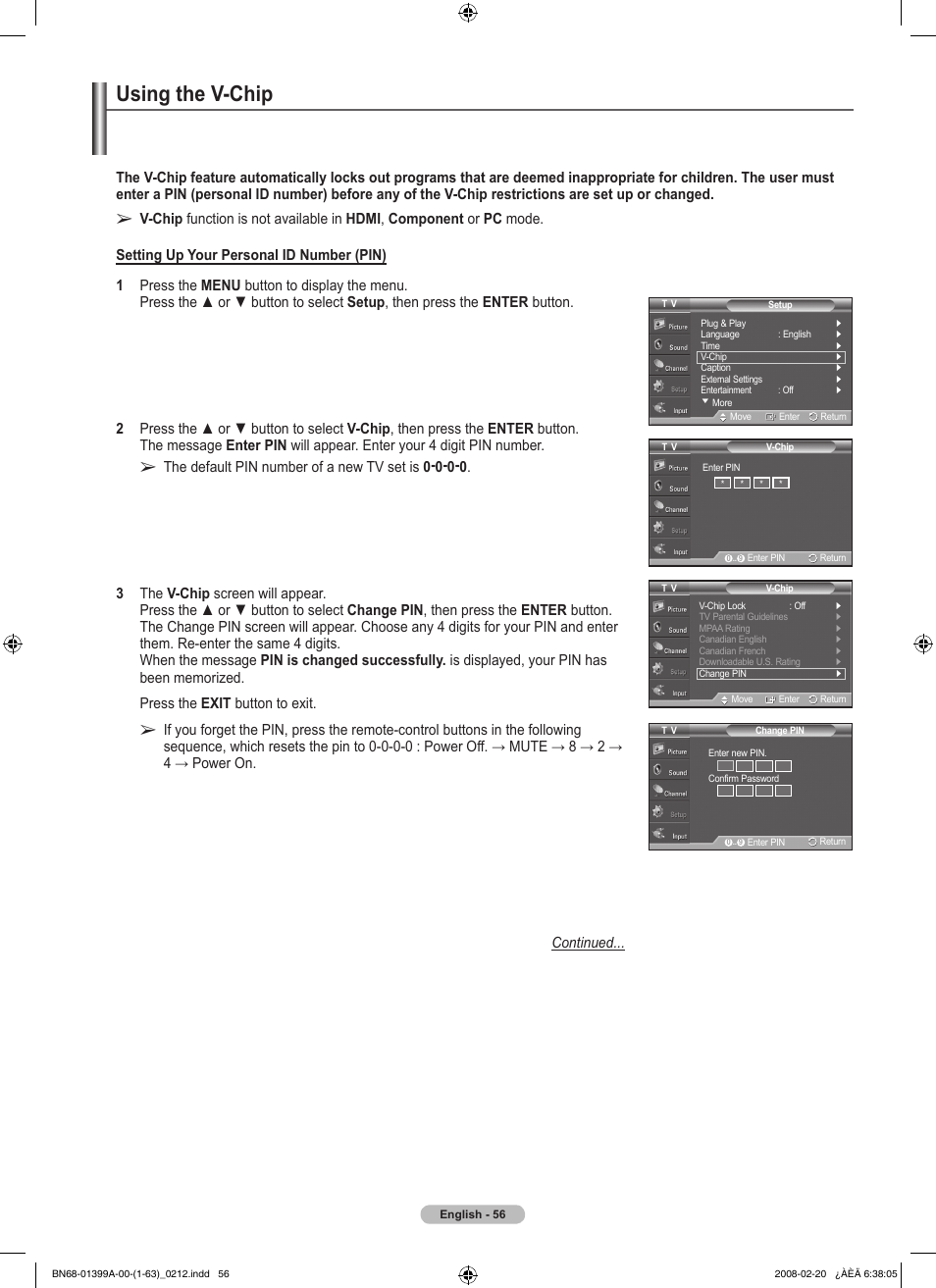 Using the v-chip | Samsung PN42A450P1DXZA User Manual | Page 56 / 75