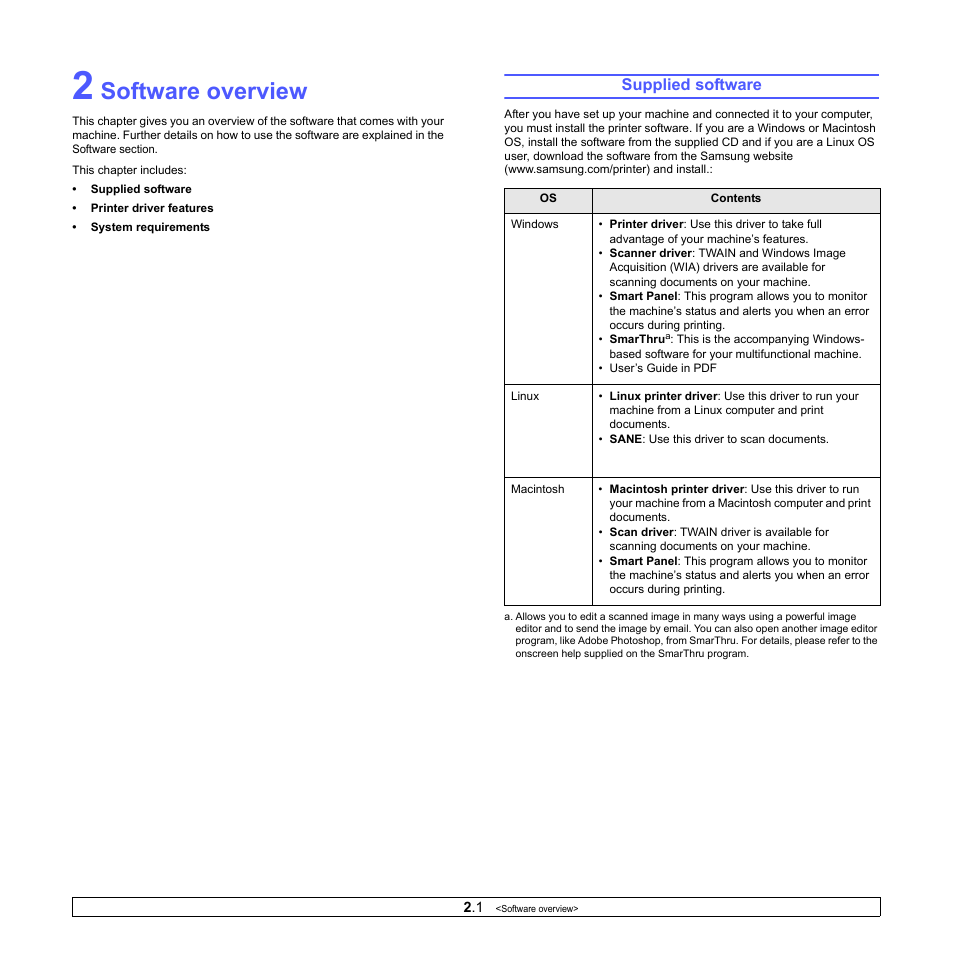 Software overview, Supplied software | Samsung SCX-4500-XAA User Manual | Page 16 / 94