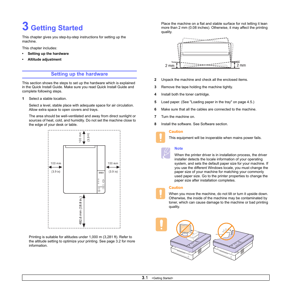 Getting started, Setting up the hardware | Samsung SCX-4500-XAA User Manual | Page 19 / 94