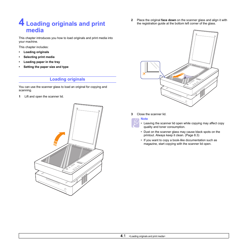 Loading originals and print media, Loading originals | Samsung SCX-4500-XAA User Manual | Page 21 / 94