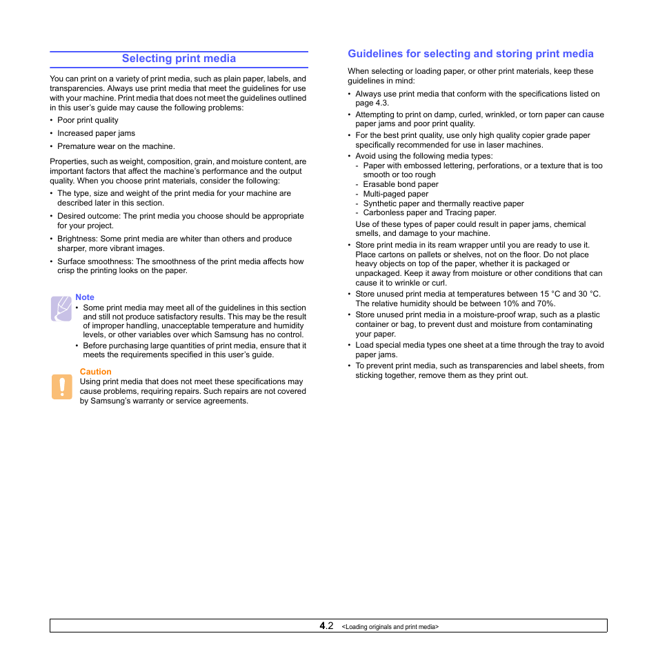 Selecting print media, Guidelines for selecting and storing print media | Samsung SCX-4500-XAA User Manual | Page 22 / 94