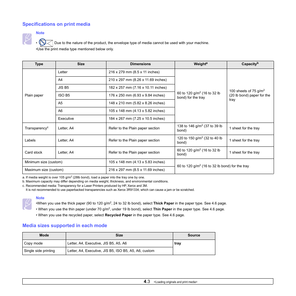 Specifications on print media, Media sizes supported in each mode | Samsung SCX-4500-XAA User Manual | Page 23 / 94