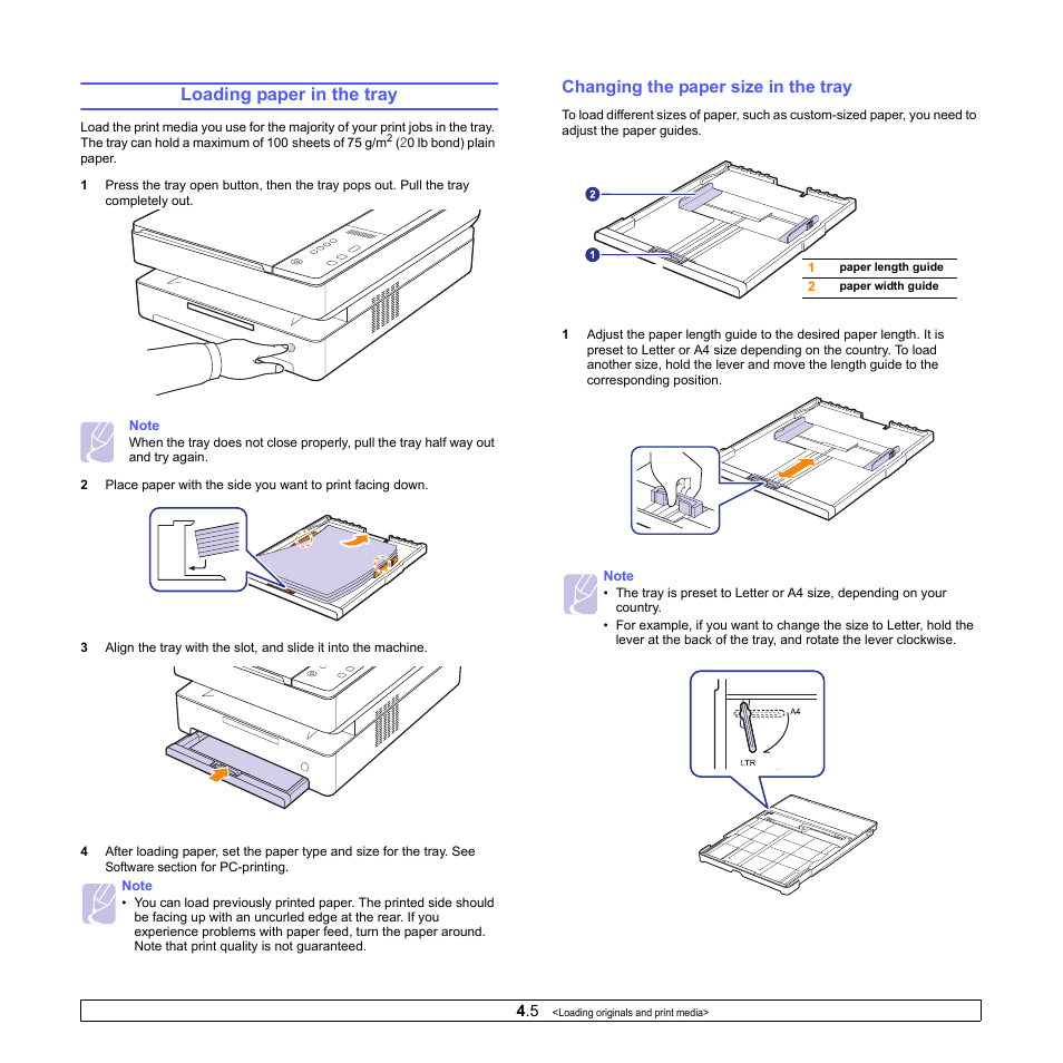 Loading paper in the tray, Changing the paper size in the tray | Samsung SCX-4500-XAA User Manual | Page 25 / 94