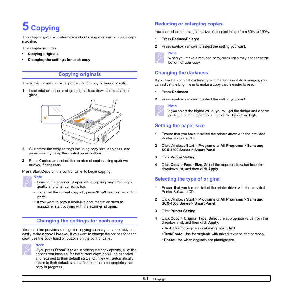 Copying, Copying originals, Changing the settings for each copy | Reducing or enlarging copies, Changing the darkness, Setting the paper size, Selecting the type of original | Samsung SCX-4500-XAA User Manual | Page 27 / 94