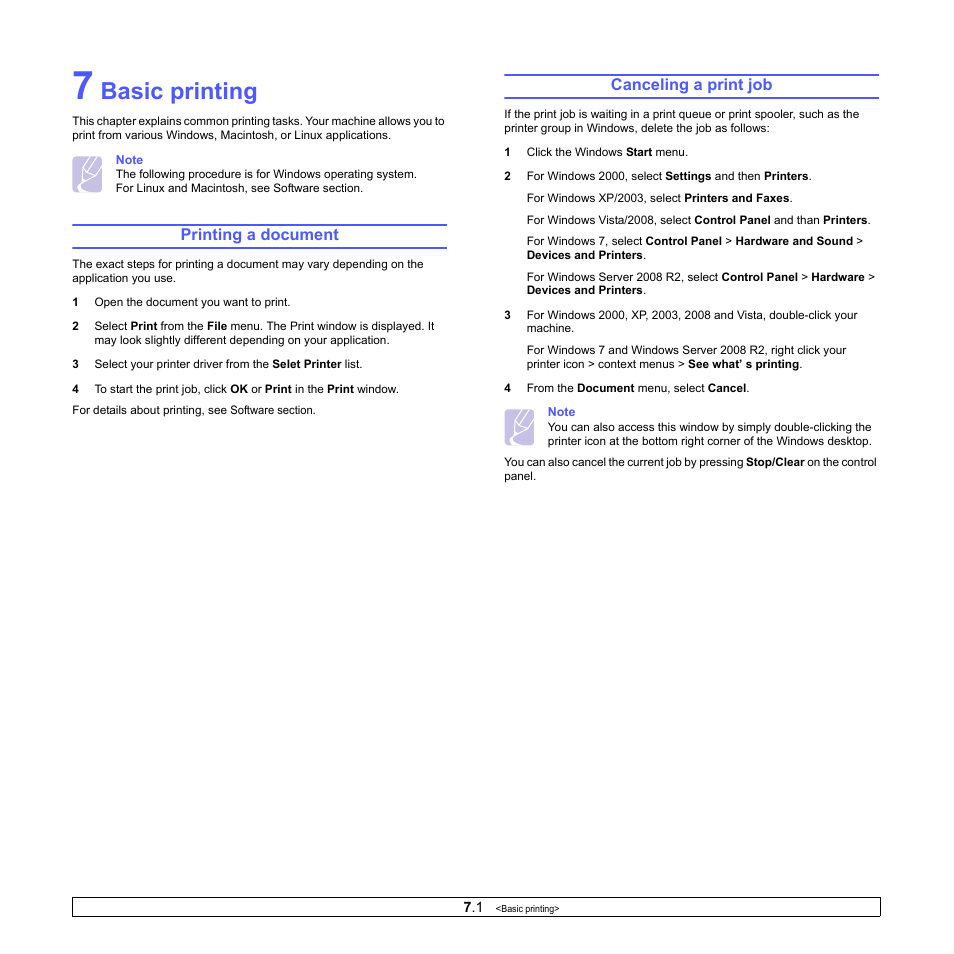 Basic printing, Printing a document, Canceling a print job | Printing a document canceling a print job | Samsung SCX-4500-XAA User Manual | Page 29 / 94