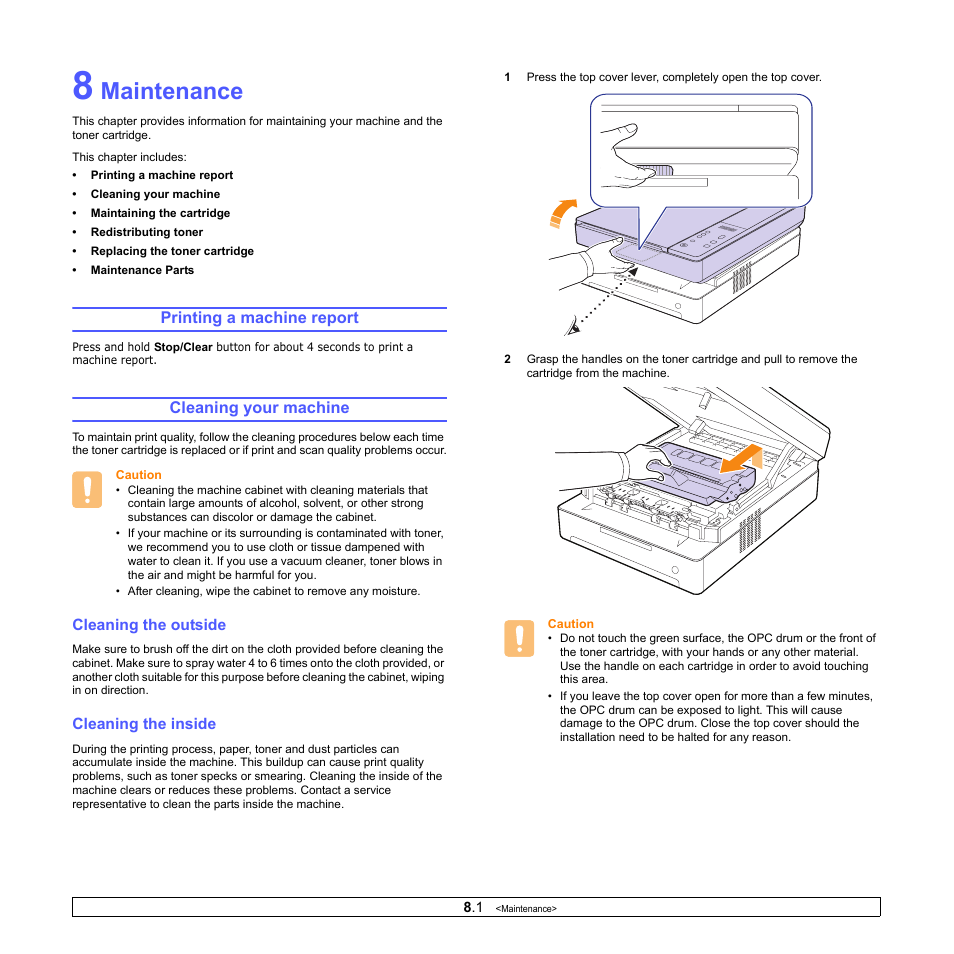 Maintenance, Printing a machine report, Cleaning your machine | Cleaning the outside, Cleaning the inside, Printing a machine report cleaning your machine, Cleaning the outside cleaning the inside | Samsung SCX-4500-XAA User Manual | Page 30 / 94