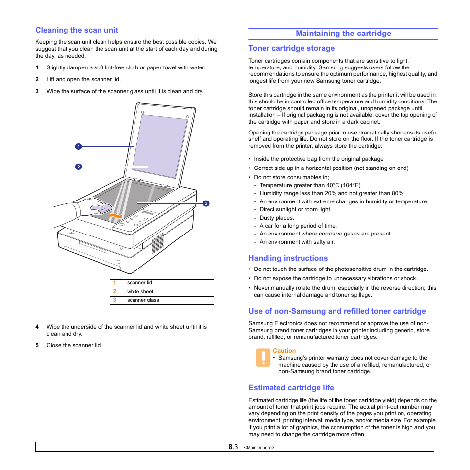 Cleaning the scan unit, Maintaining the cartridge, Toner cartridge storage | Handling instructions, Use of non-samsung and refilled toner cartridge, Estimated cartridge life | Samsung SCX-4500-XAA User Manual | Page 32 / 94