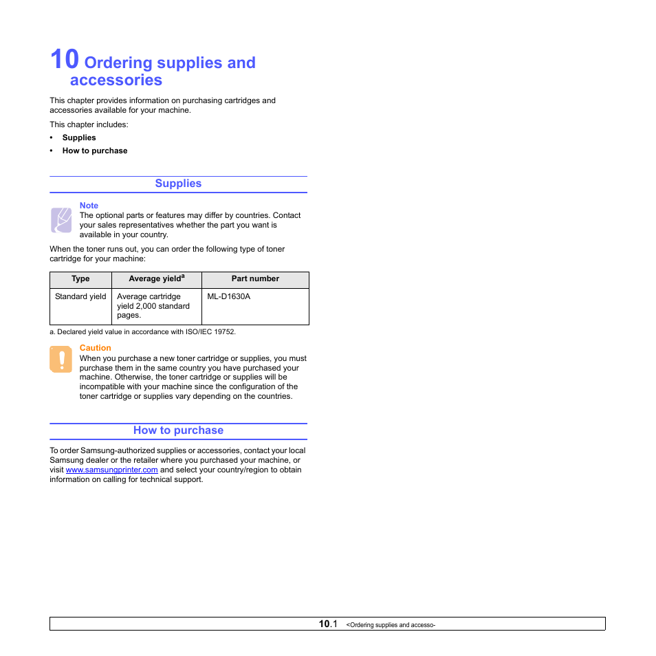 Ordering supplies and accessories, Supplies, How to purchase | Supplies how to purchase | Samsung SCX-4500-XAA User Manual | Page 52 / 94