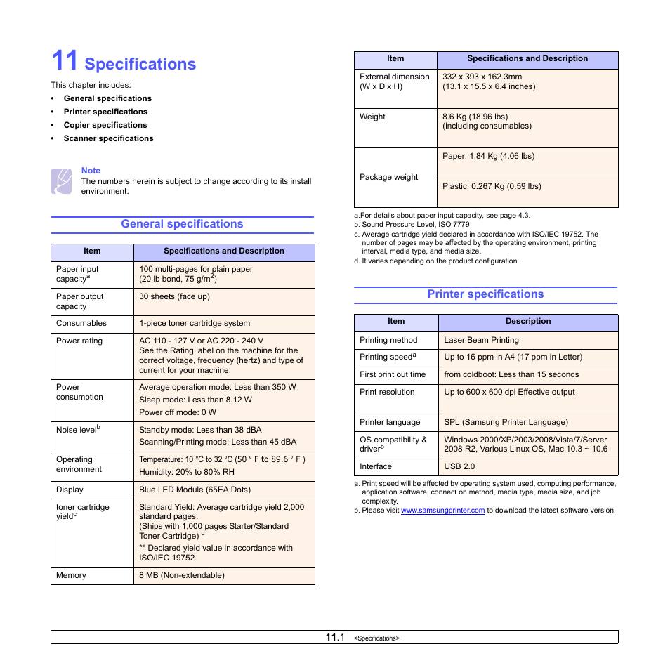 Specifications, General specifications, Printer specifications | General specifications printer specifications | Samsung SCX-4500-XAA User Manual | Page 53 / 94