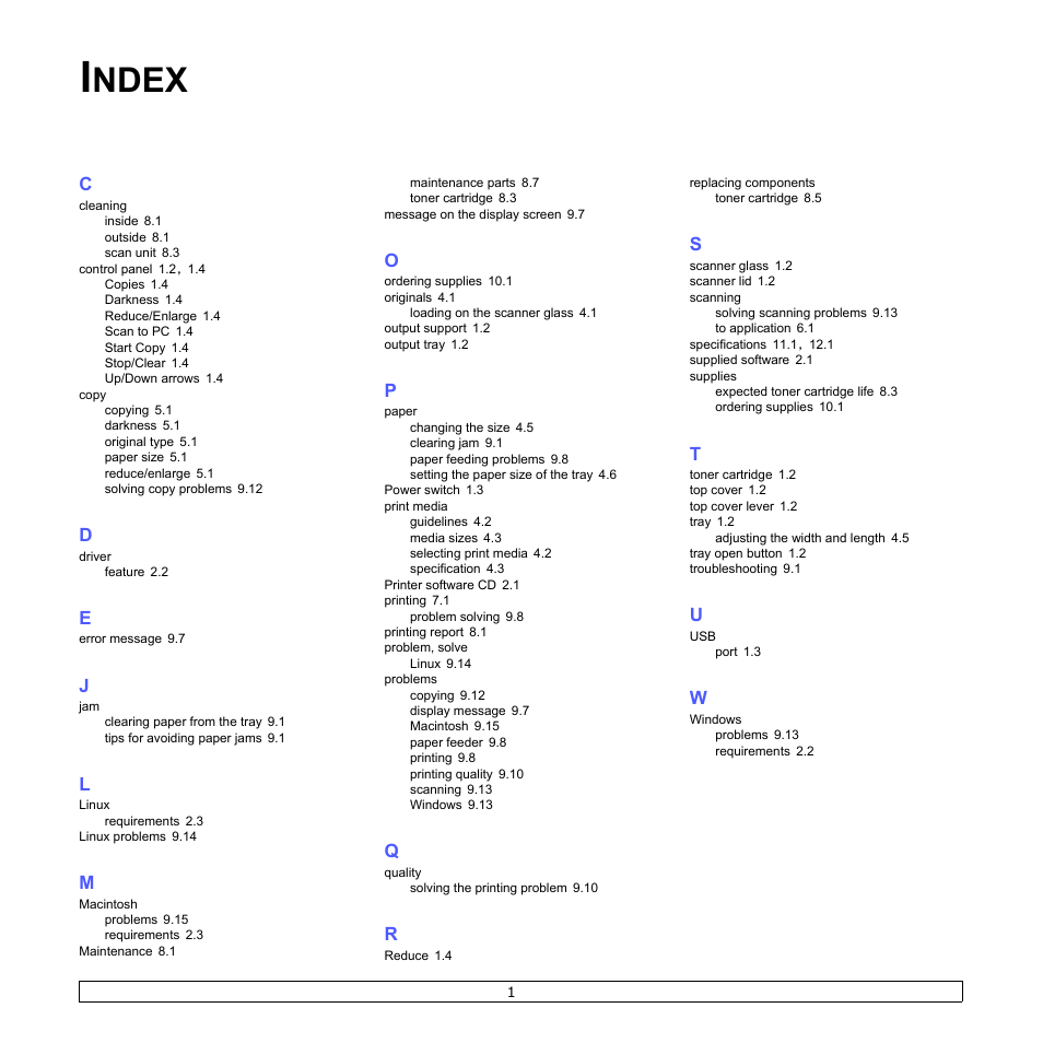 Index, Ndex | Samsung SCX-4500-XAA User Manual | Page 56 / 94