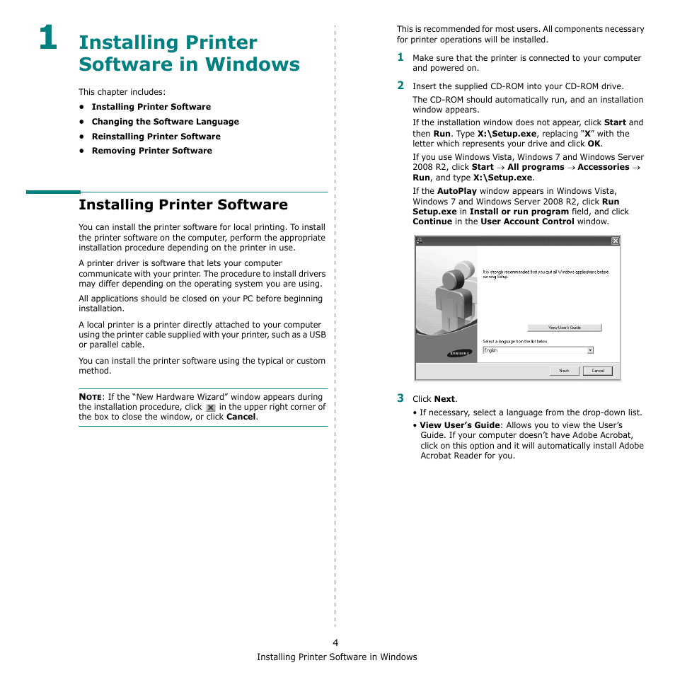 Installing printer software in windows, Installing printer software, Chapter 1 | Samsung SCX-4500-XAA User Manual | Page 61 / 94