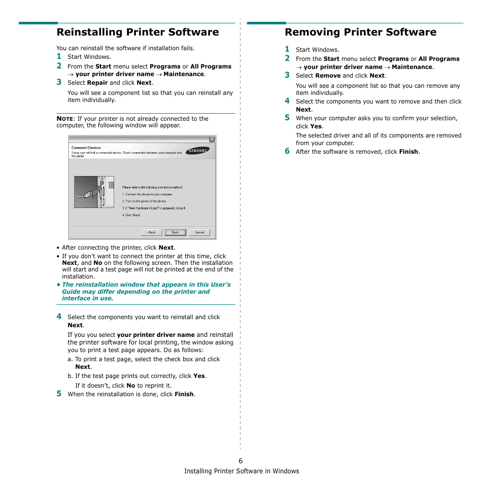 Reinstalling printer software, Removing printer software | Samsung SCX-4500-XAA User Manual | Page 63 / 94