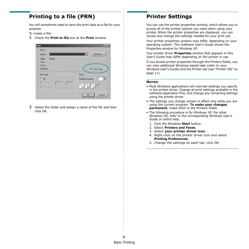 Printing to a file (prn), Printer settings, Printing to a file (prn) printer settings | Samsung SCX-4500-XAA User Manual | Page 65 / 94