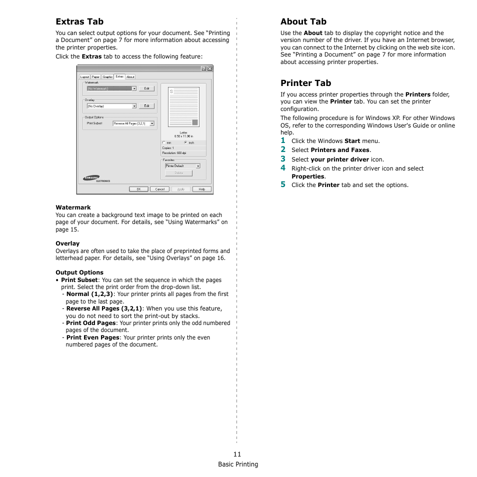 Extras tab, About tab, Printer tab | Extras tab about tab printer tab, Extras tab - about tab - printer tab | Samsung SCX-4500-XAA User Manual | Page 68 / 94