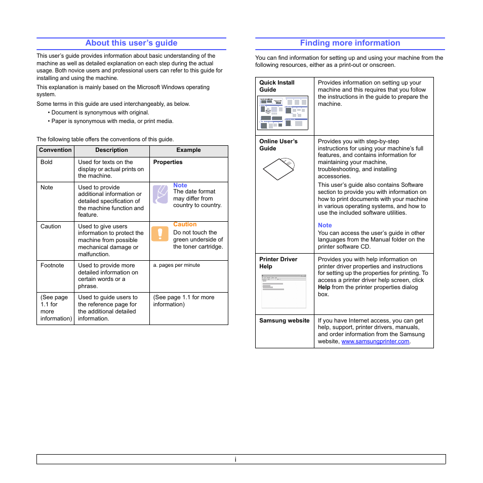 About this user’s guide, Finding more information | Samsung SCX-4500-XAA User Manual | Page 7 / 94