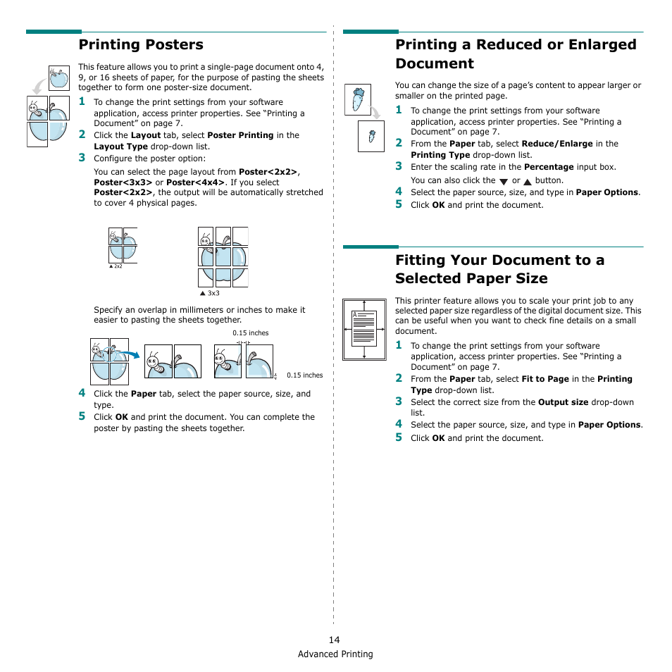 Printing posters, Printing a reduced or enlarged document, Fitting your document to a selected paper size | E “printing a reduced or enlarged document” on, Fitting your document to a selected paper | Samsung SCX-4500-XAA User Manual | Page 71 / 94