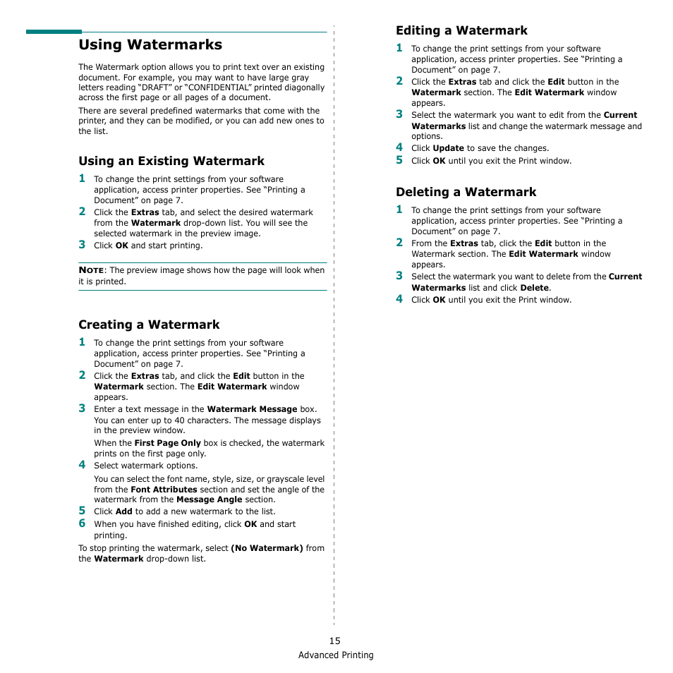 Using watermarks, Using an existing watermark, Creating a watermark | Editing a watermark, Deleting a watermark | Samsung SCX-4500-XAA User Manual | Page 72 / 94