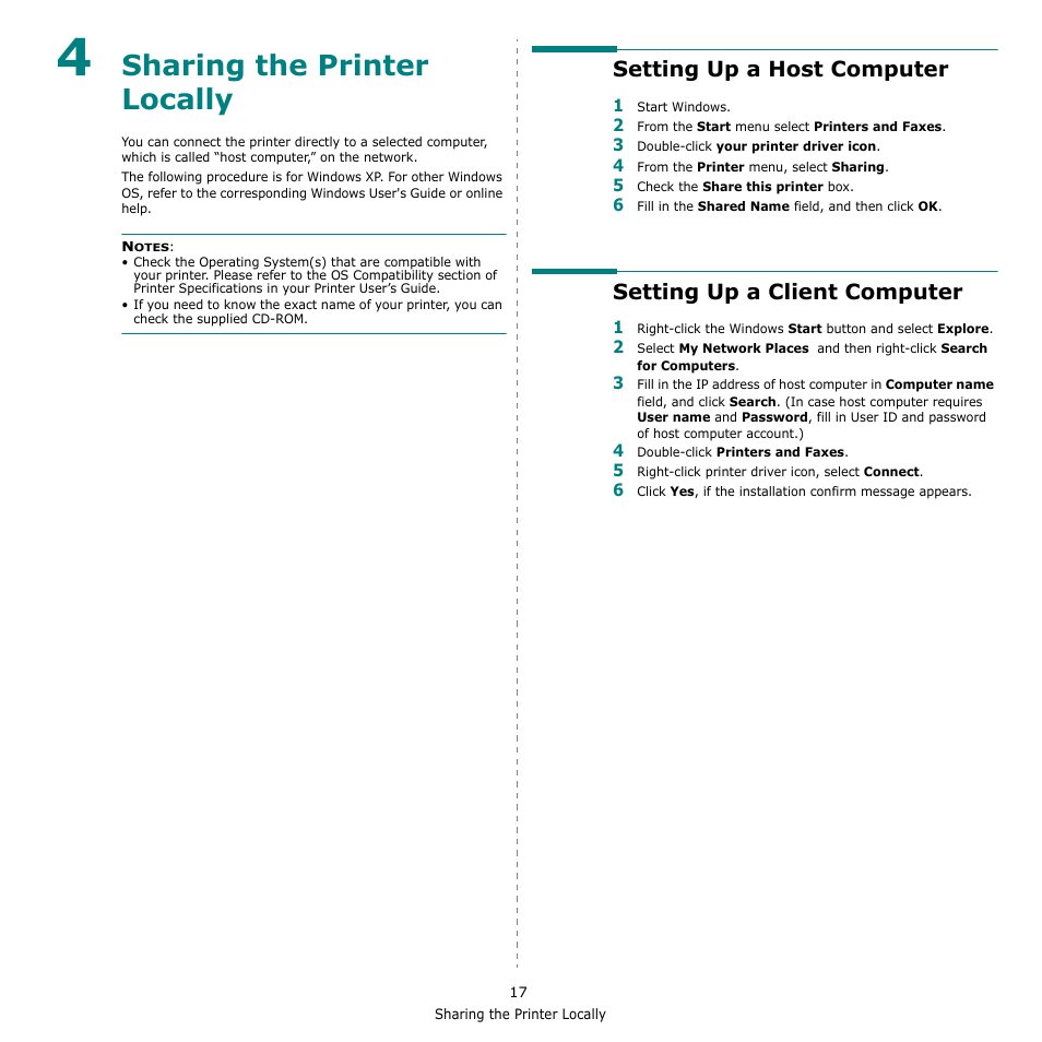 Sharing the printer locally, Setting up a host computer, Setting up a client computer | Chapter 4 | Samsung SCX-4500-XAA User Manual | Page 74 / 94