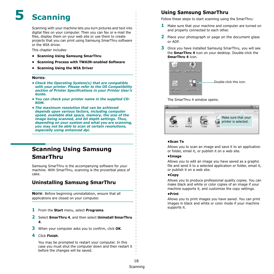 Scanning, Scanning using samsung smarthru, Uninstalling samsung smarthru | Using samsung smarthru, Chapter 5 | Samsung SCX-4500-XAA User Manual | Page 75 / 94