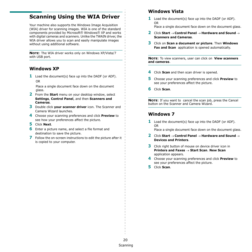 Scanning using the wia driver, Windows xp, Windows vista | Windows 7, Windows xp windows vista windows 7 | Samsung SCX-4500-XAA User Manual | Page 77 / 94