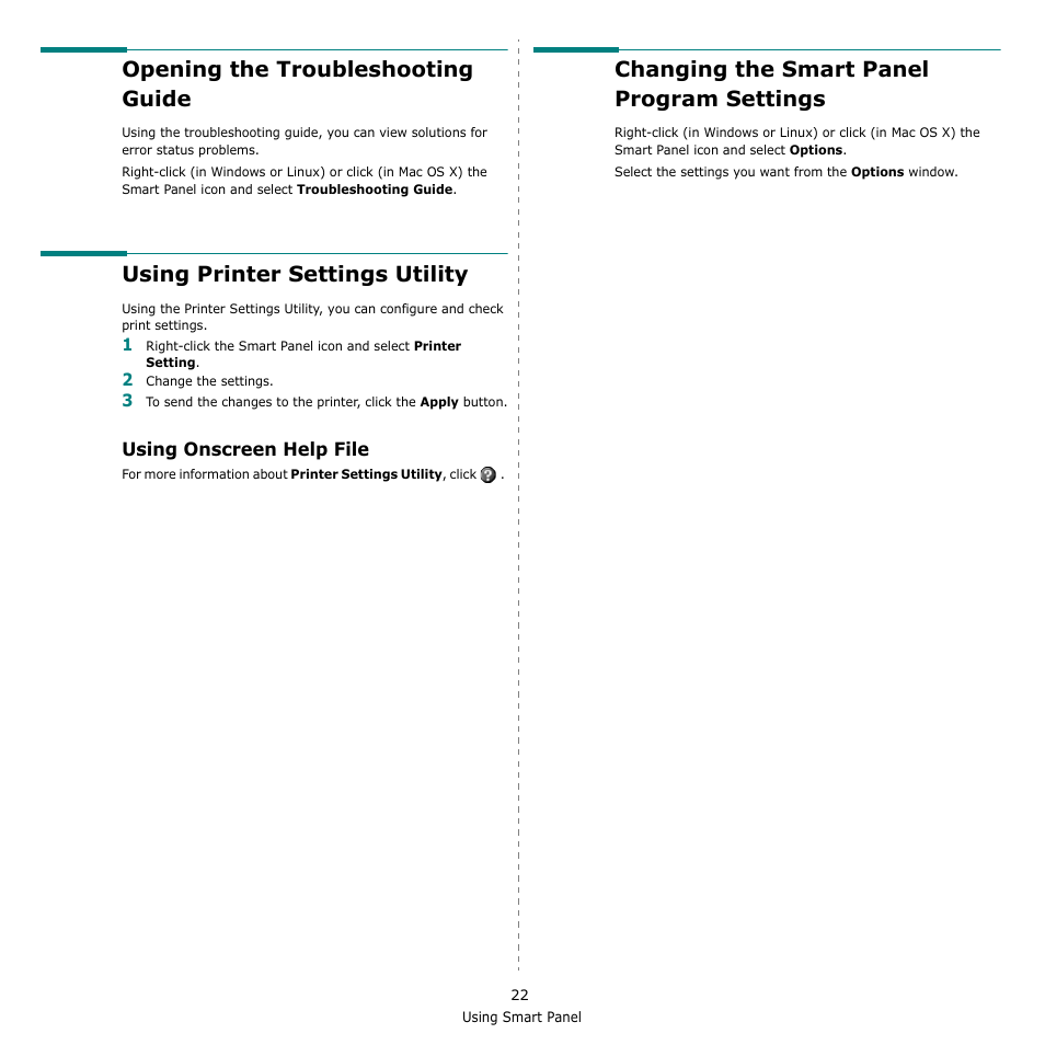 Opening the troubleshooting guide, Using printer settings utility, Using onscreen help file | Changing the smart panel program settings | Samsung SCX-4500-XAA User Manual | Page 79 / 94