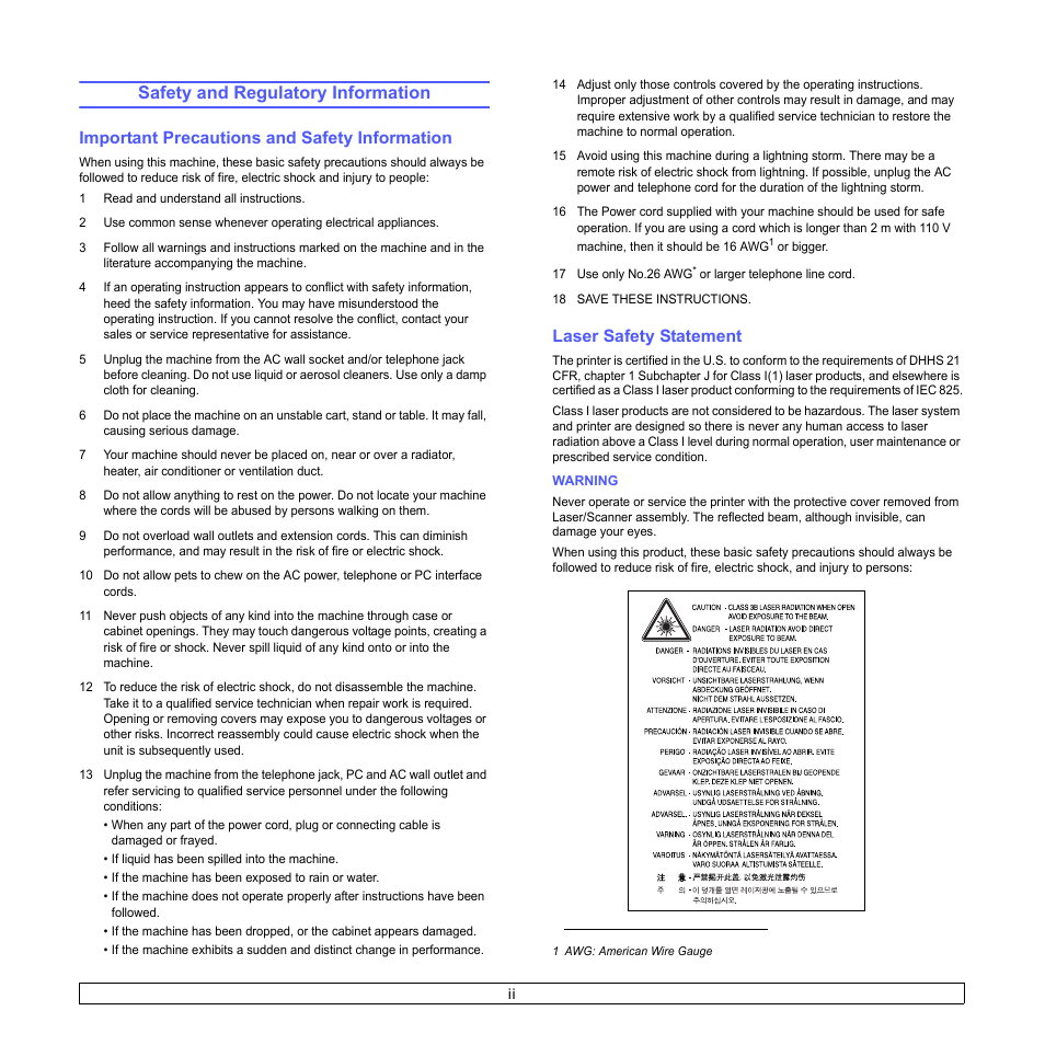 Safety and regulatory information, Important precautions and safety information, Laser safety statement | Samsung SCX-4500-XAA User Manual | Page 8 / 94