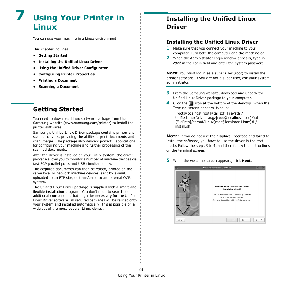 Using your printer in linux, Getting started, Installing the unified linux driver | Chapter 7 | Samsung SCX-4500-XAA User Manual | Page 80 / 94