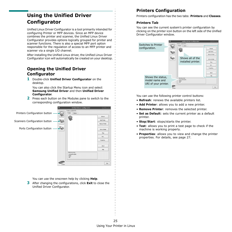 Using the unified driver configurator, Opening the unified driver configurator, Printers configuration | Samsung SCX-4500-XAA User Manual | Page 82 / 94