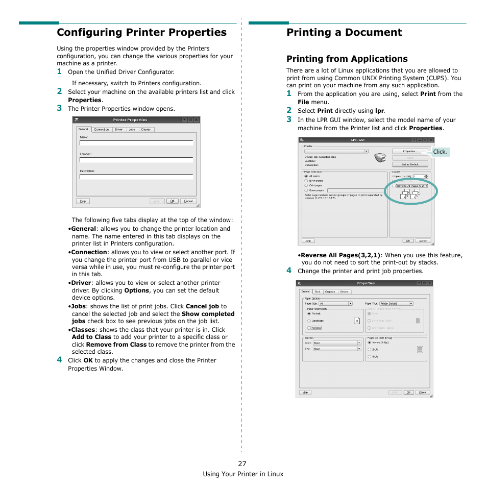 Configuring printer properties, Printing a document, Printing from applications | Configuring printer properties printing a document | Samsung SCX-4500-XAA User Manual | Page 84 / 94