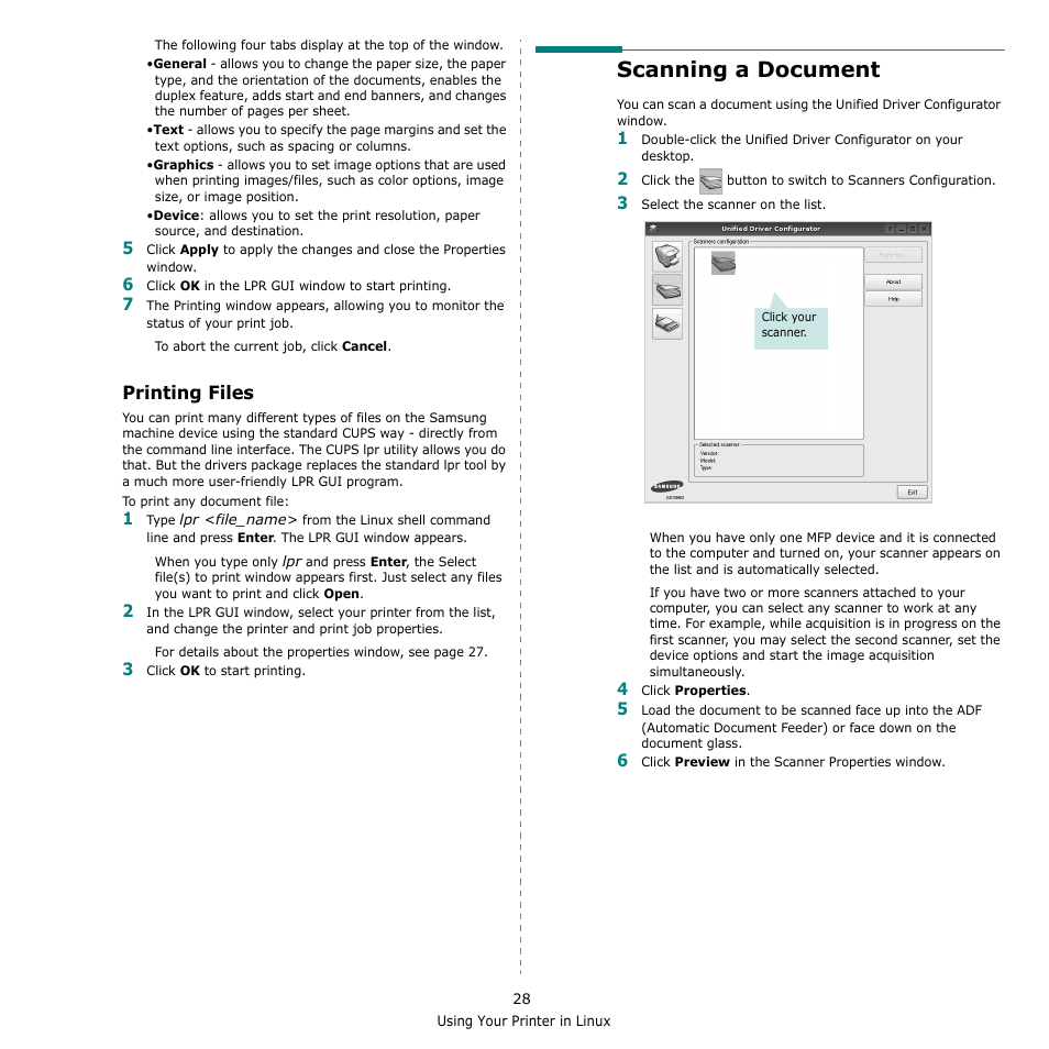 Printing files, Scanning a document | Samsung SCX-4500-XAA User Manual | Page 85 / 94