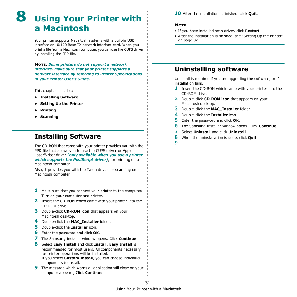 Using your printer with a macintosh, Installing software, Uninstalling software | Chapter 8, Installing software uninstalling software | Samsung SCX-4500-XAA User Manual | Page 88 / 94