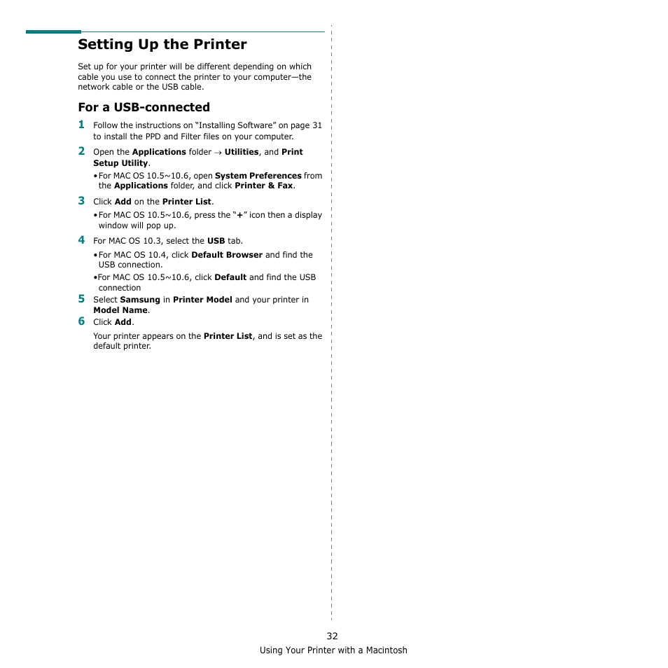 Setting up the printer, For a usb-connected, E “setting up the printer | Samsung SCX-4500-XAA User Manual | Page 89 / 94