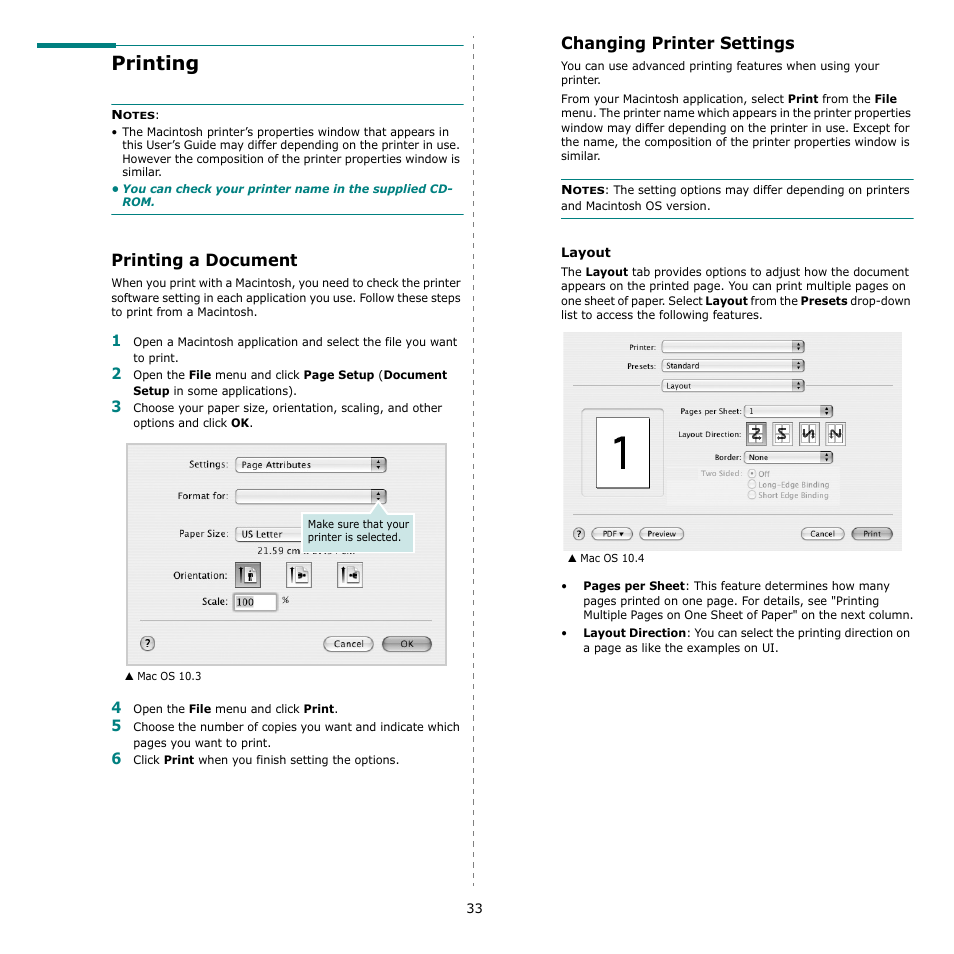 Printing, Printing a document, Changing printer settings | Printing a document changing printer settings | Samsung SCX-4500-XAA User Manual | Page 90 / 94
