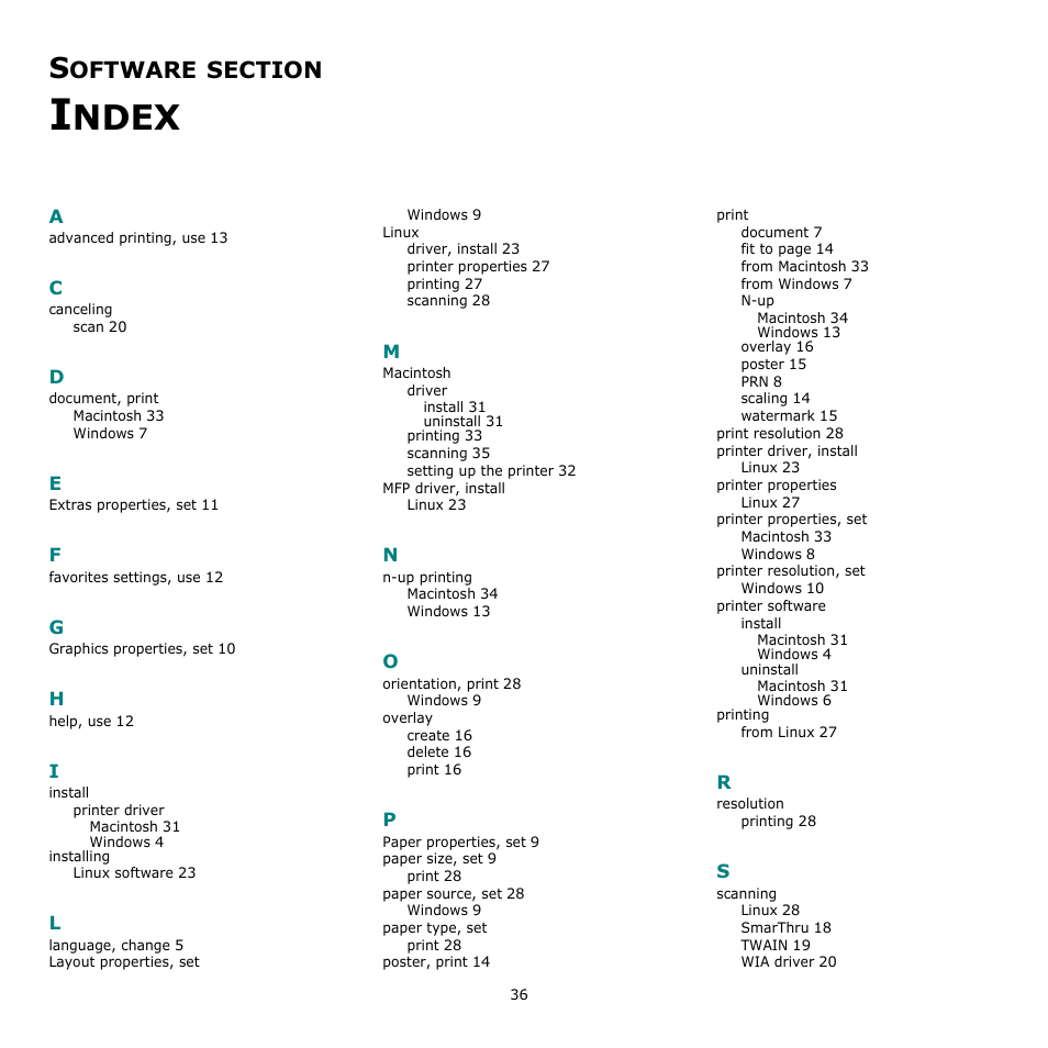 Software section index, Ndex, Oftware | Samsung SCX-4500-XAA User Manual | Page 93 / 94