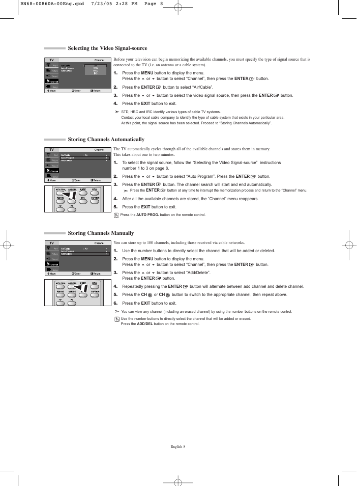 Selecting the video signal-source, Storing channels automatically, Storing channels manually | Samsung LNR3255WX-XAA User Manual | Page 10 / 62