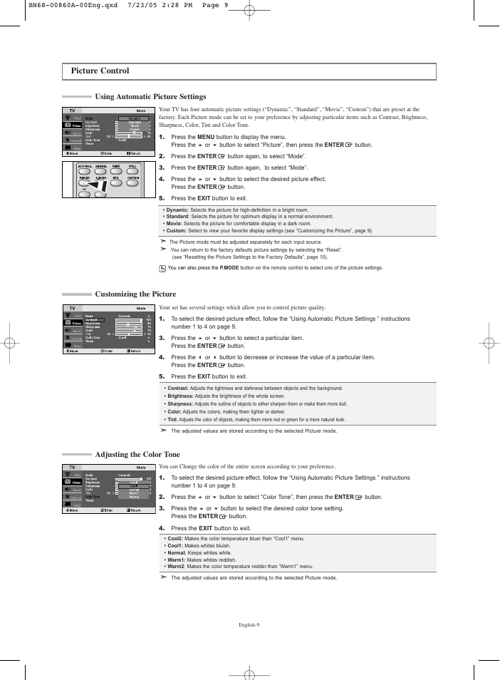 Picture control, Using automatic picture settings, Customizing the picture | Adjusting the color tone | Samsung LNR3255WX-XAA User Manual | Page 11 / 62