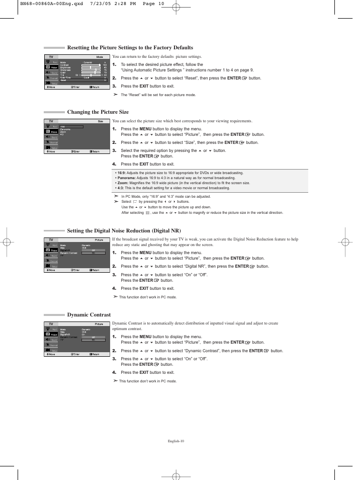 Changing the picture size, Setting the digital noise reduction (digital nr), Dynamic contrast | Samsung LNR3255WX-XAA User Manual | Page 12 / 62