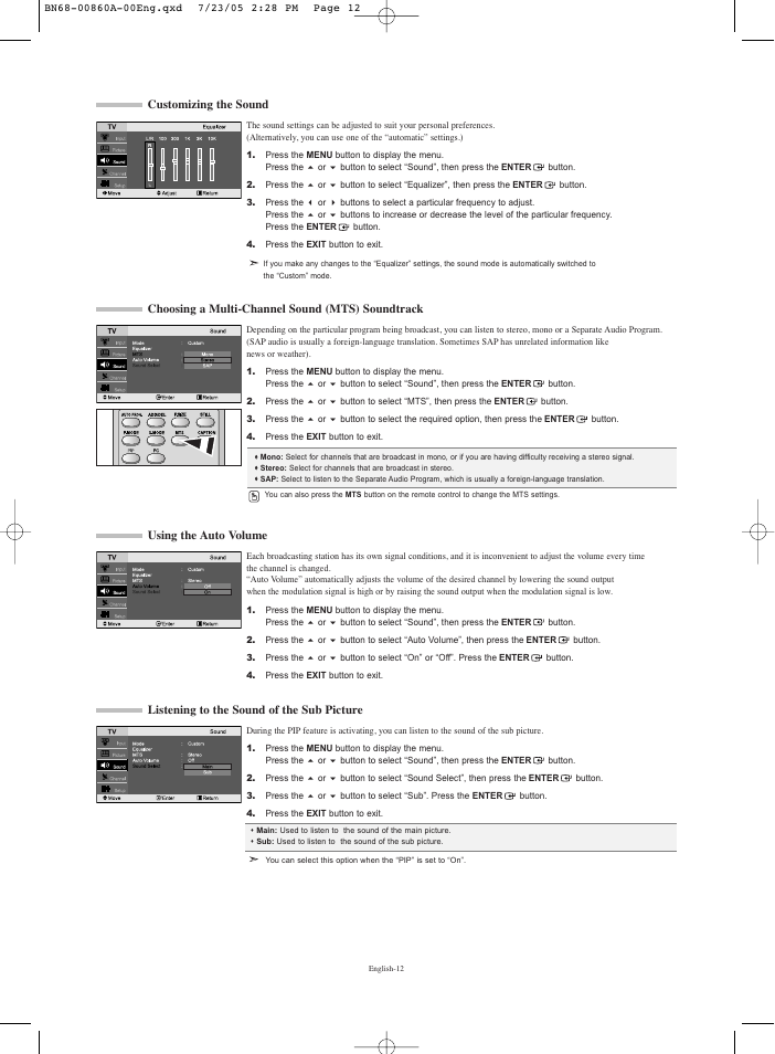Customizing the sound, Choosing a multi-channel sound (mts) soundtrack, Using the auto volume | Listening to the sound of the sub picture | Samsung LNR3255WX-XAA User Manual | Page 14 / 62
